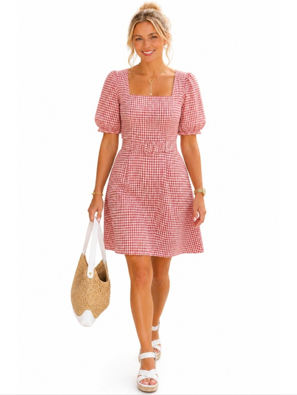 En Focus Studio  Dress Size 8 Pink White Puff Sleeve Square Neck Belted NWT.